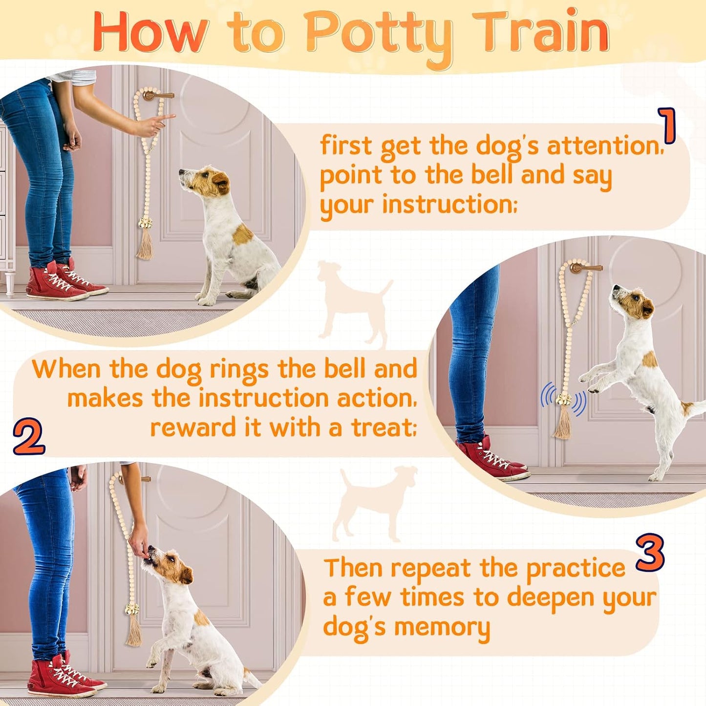 Set of white gray and wood color dog door bells for home