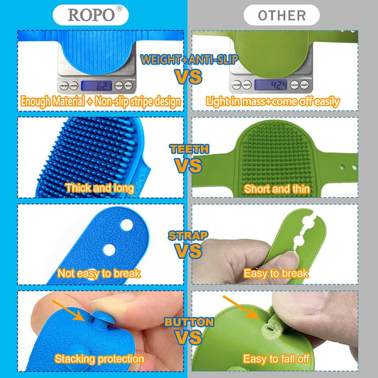 ROPO pet shampoo brush showcasing the adjustable ring handle for a secure non-slip grip.