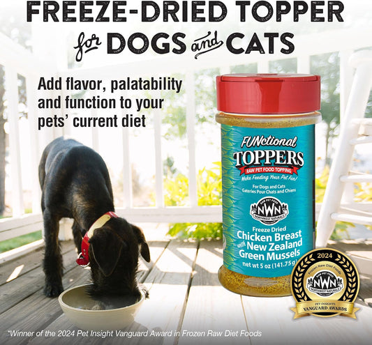 Freeze-dried chicken and mussel topper packaging for pets