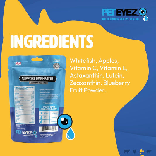 PetEyez feline vision supplement pouch showing tear stain removal benefits.