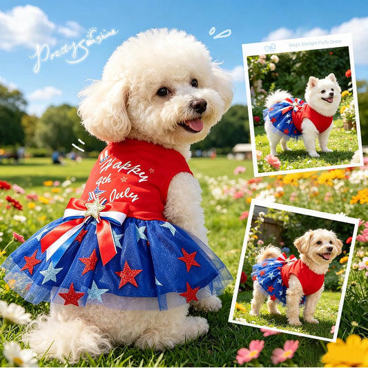 Small dog wearing sparkly patriotic Independence Day pet dress