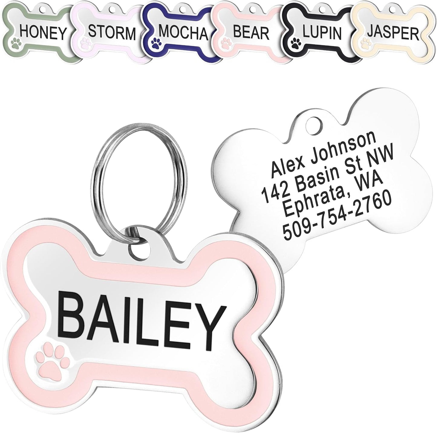 GoTags Stainless Steel Bone Dog Tag with Color Outline and Paw Print, Personalized Pet ID Tag for Dogs and Cats, Custom Engraving with up to 5 Lines of Text on Both Sides (Green, Regular) - Image 9