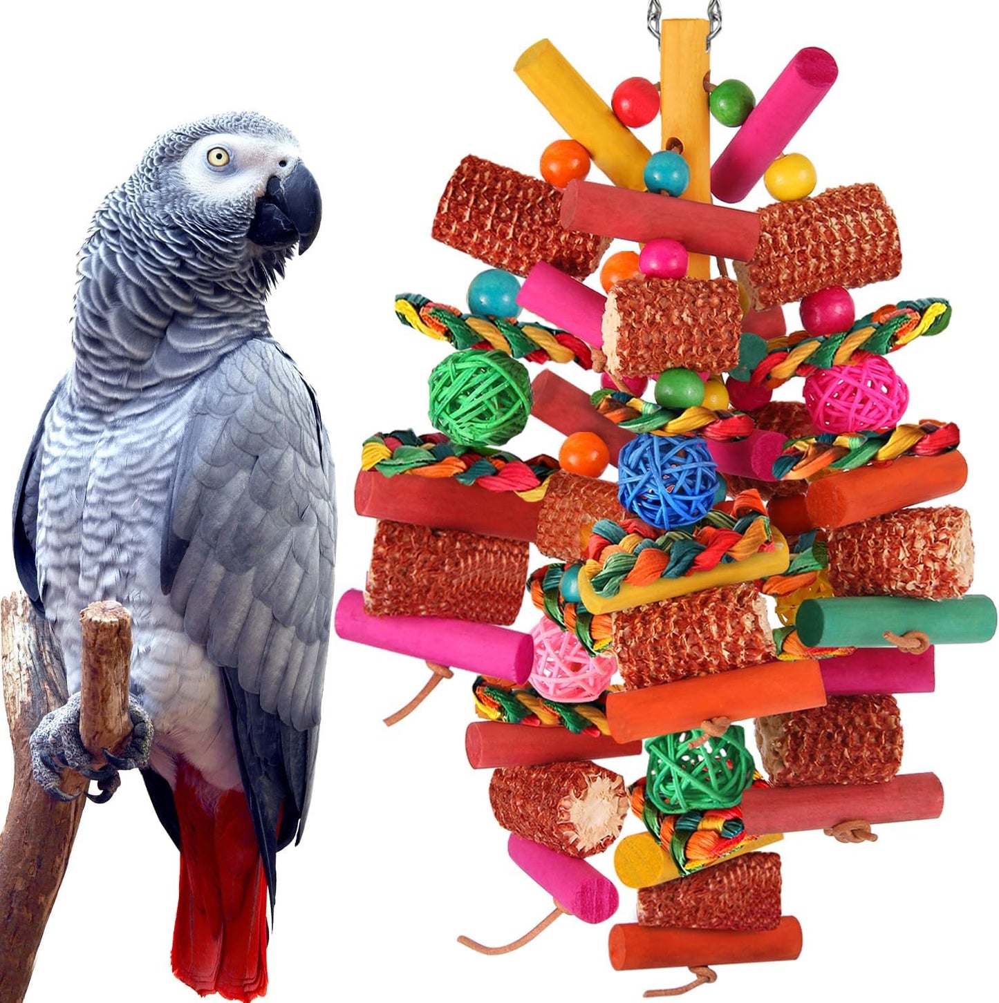 Interactive parrot foraging setup with hidden treat options in the natural fiber layers.