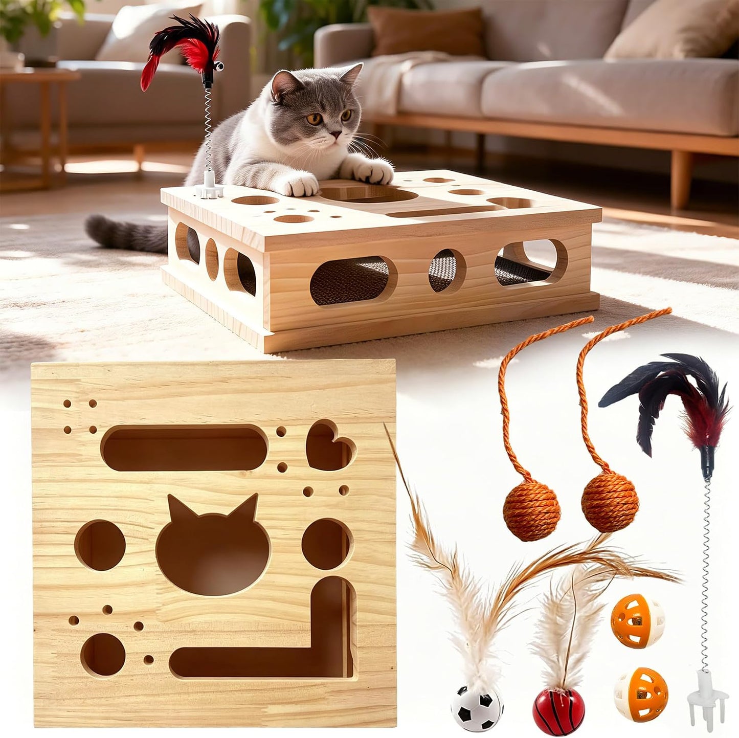 Helmxlnq cat claw care enrichment box packaging and included play accessories