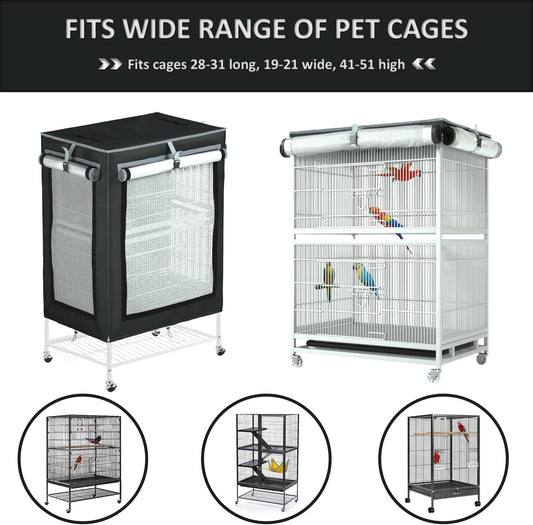 Premium double layer bird cage cover side view with roll up mesh windows