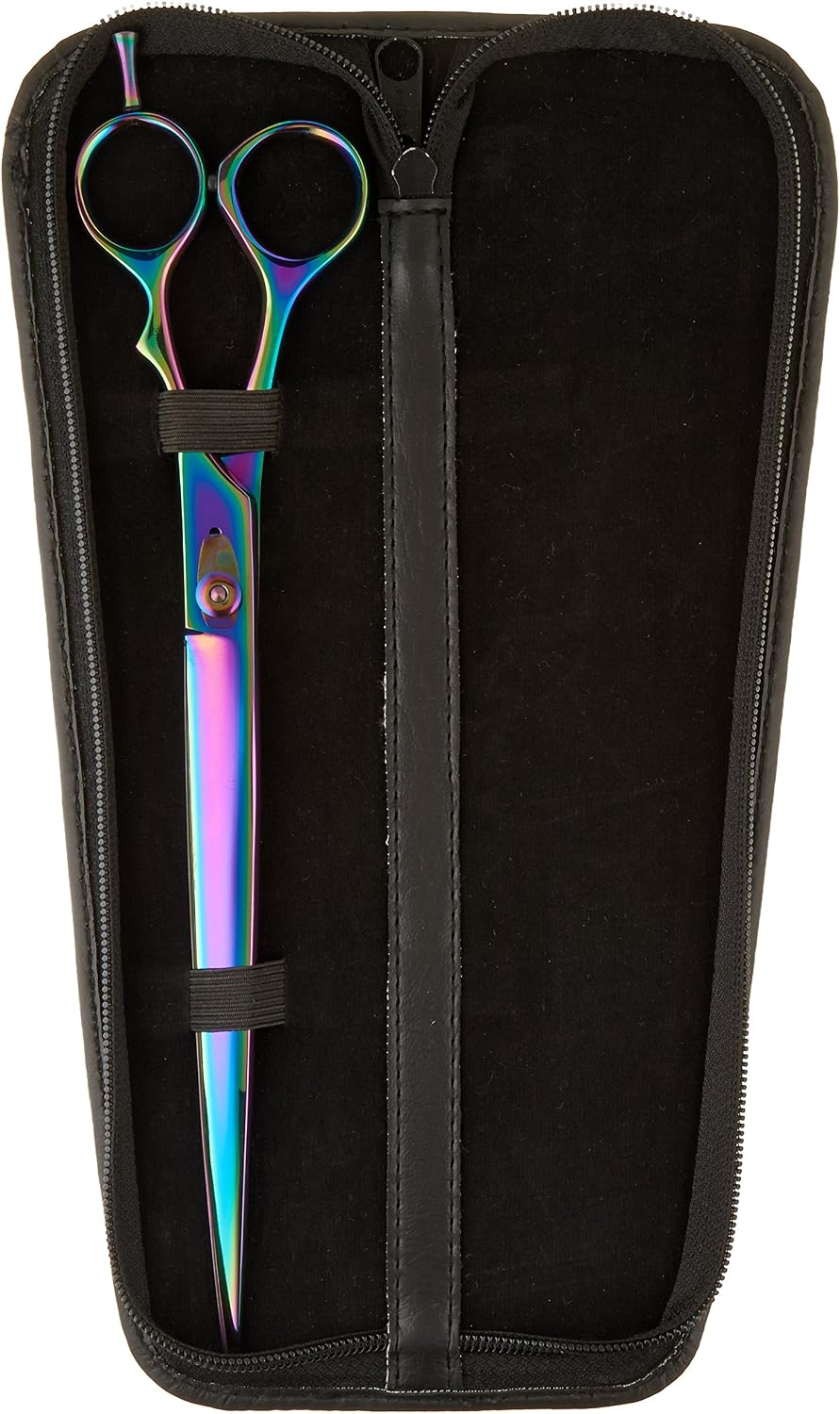Close up of Tamsco professional grooming shears showing plasma rainbow finish