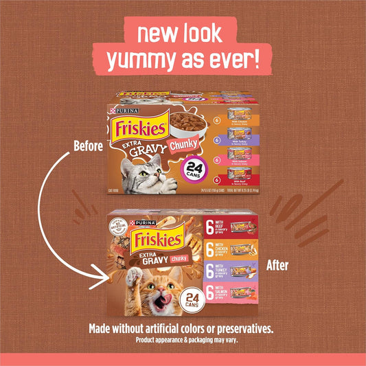 Purina Friskies chunky wet cat food cans showing gravy texture