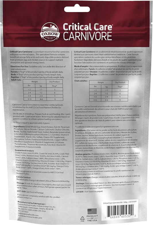 Oxbow Carnivore Care assist feeding powder nutrition facts and ingredients label on bag back
