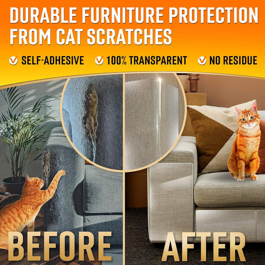Transparent cat scratch deterrent sheets applied to fabric sofa corner