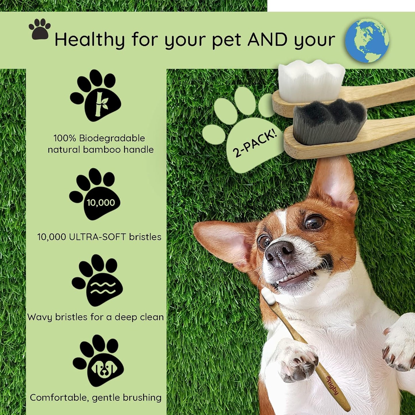 Side profile of eco-friendly Oh Rigby bamboo pet toothbrush