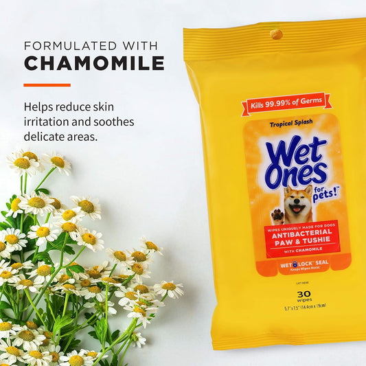 Wet Ones antibacterial pet wipes with chamomile showing the Wet Lock Seal
