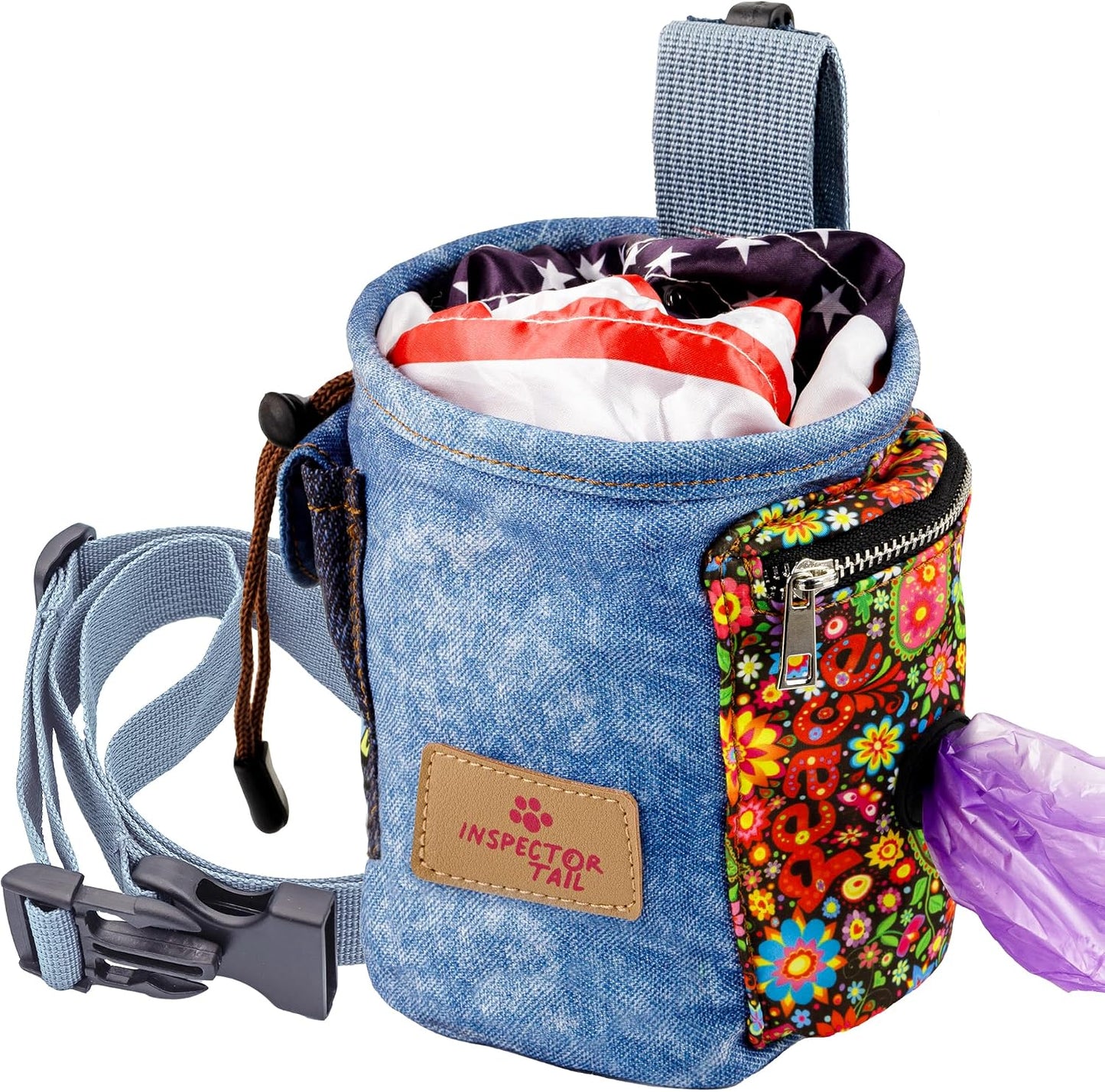 INSPECTOR TAIL Dog Treat Pouch w Drawstring to Prevent Spills | 2 Cup Tote | Hands Free w 4 Ways to Wear Puppy Bag w Pockets for Snacks Poop Bags Keys & Cards | Pet Training Walking & Rewarding Holder - Image 9