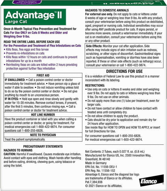Back view of Advantage II Large Cat topical flea prevention box with ingredient details and instructions.