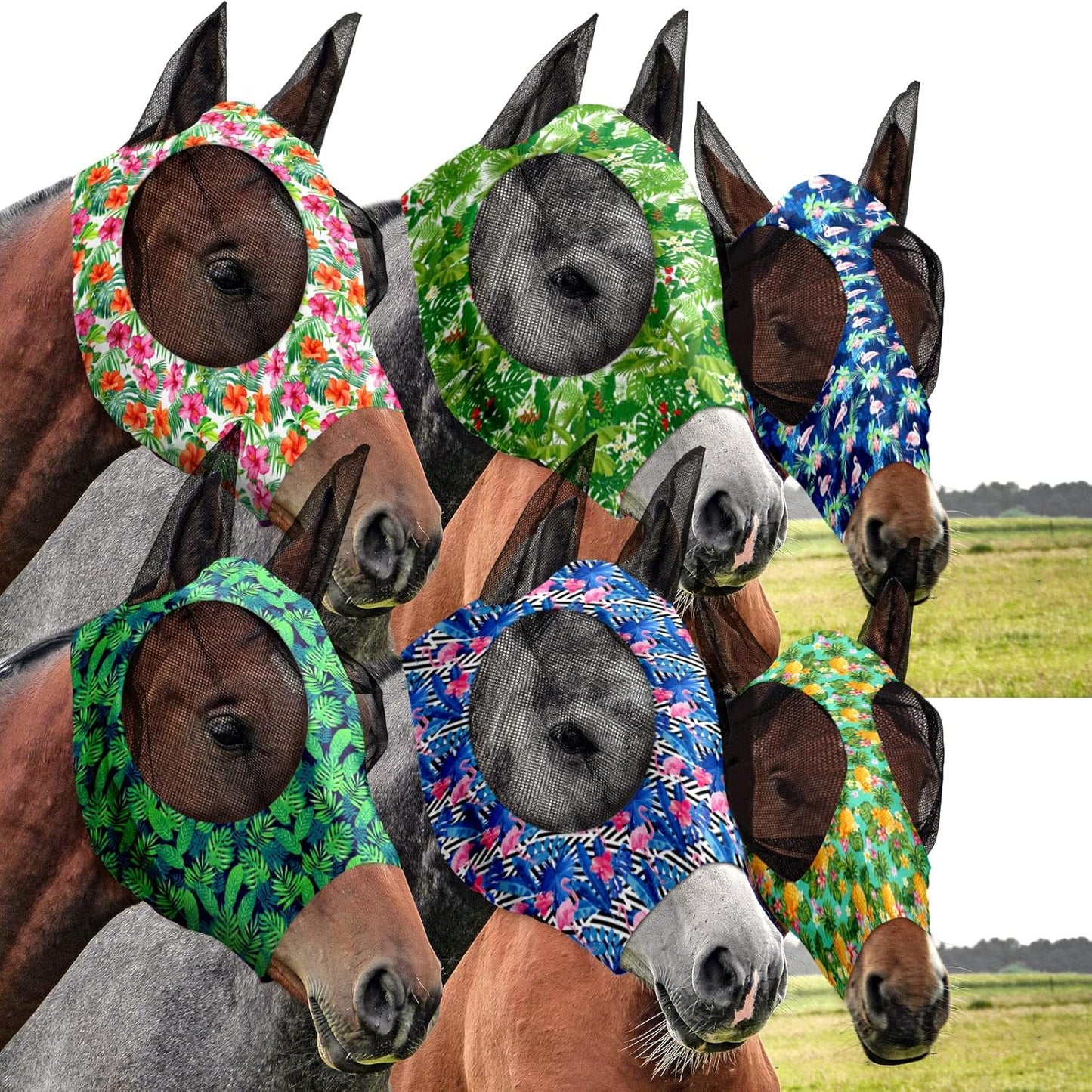 Chunful 6 Pcs Horse Fly Masks with Ears Smooth and Comfortable Mesh Fly Mask Elasticity Breathability UV Protection Horse Face Covering for Riding Supplies(Tie Dye,Large) - Image 13