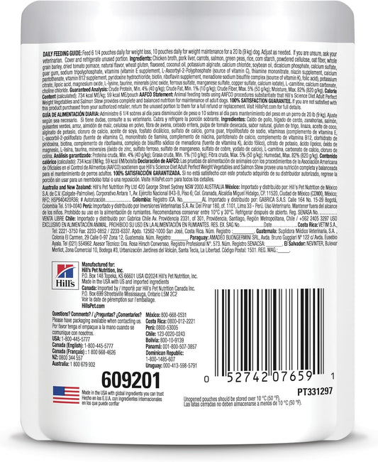 Hill's Science Diet weight management dog food pouch showing the clear calorie control instructions.