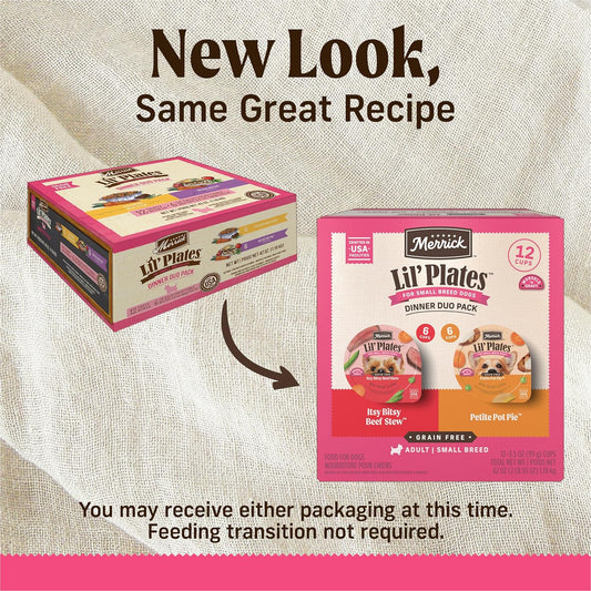Merrick small breed wet dog food variety pack packaging showing beef and chicken flavors.