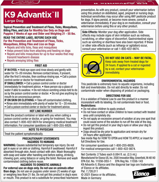 Elanco K9 Advantix II topical solution tubes for large dogs weighing twenty-one to fifty-five pounds.