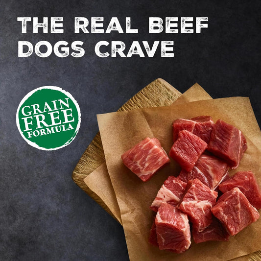 Blue Buffalo grain free high protein adult dog food cans packaging details.