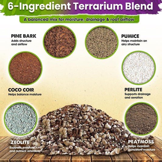 Close up view of the pre mixed premium terrarium substrate showcasing the balanced blend of coco coir and mineral components