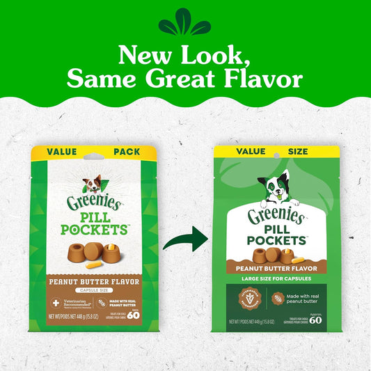 Greenies dog treat pouch for capsule medication displaying soft texture treats for hiding pills.
