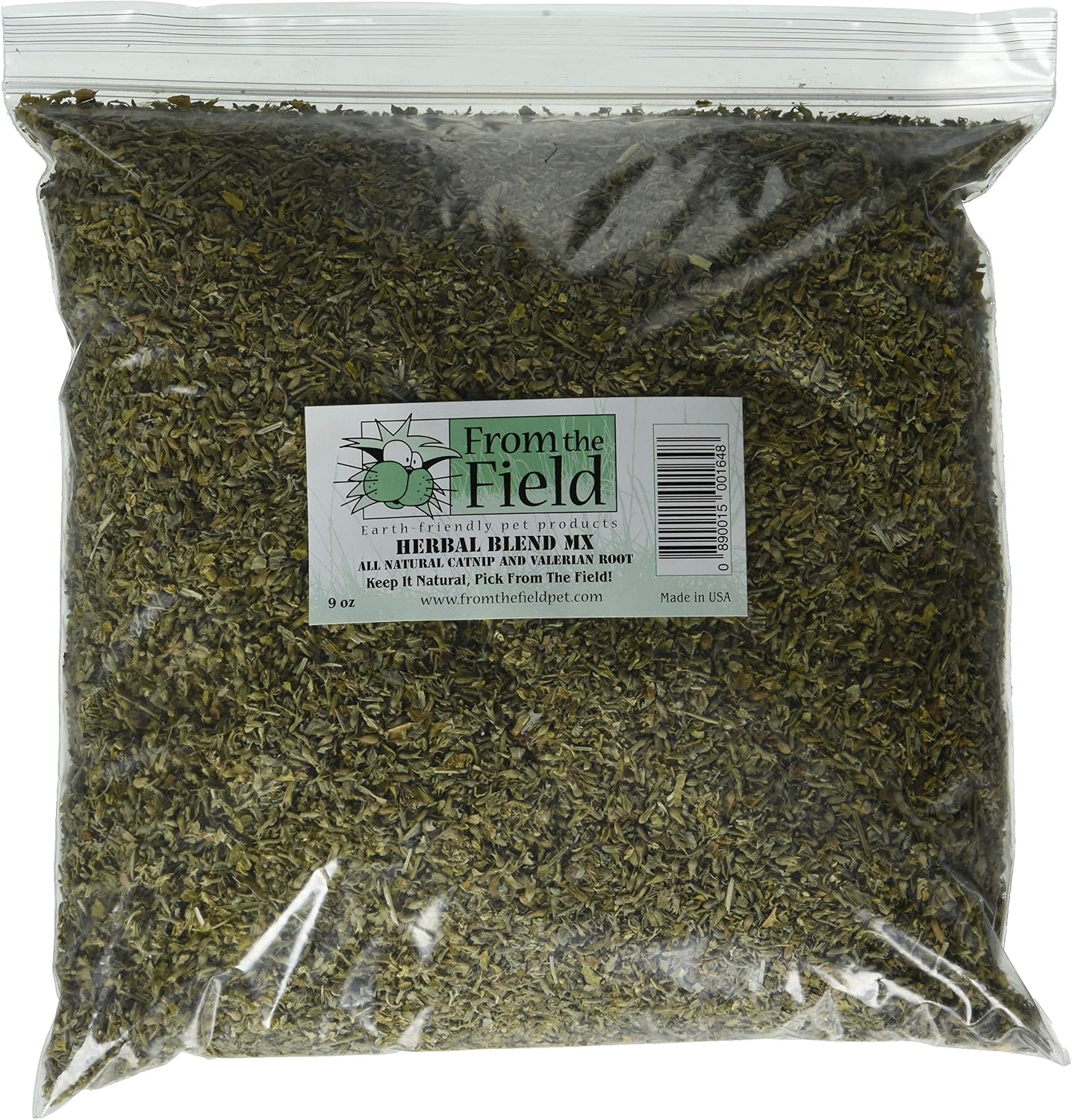Close up view of natural crushed organic green leaves inside a clear resealable cat attractant bag