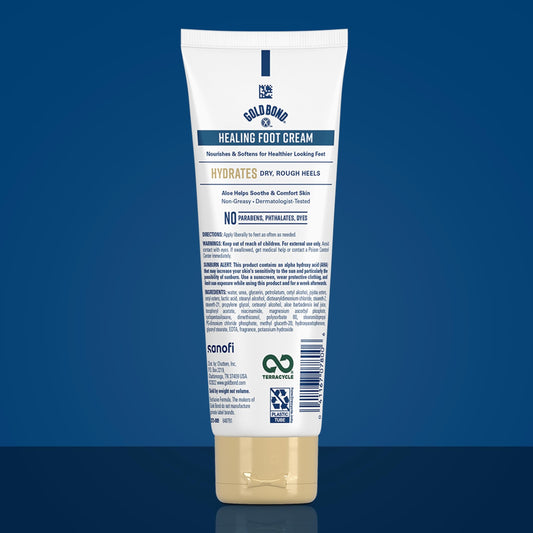 Gold Bond foot therapy cream with aloe and vitamins for cracked heel repair.