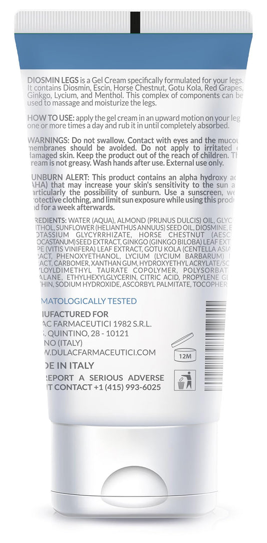 Side view of Dulàc Diosmin Legs Gel Cream showing the text detailing varicose veins and spider veins relief benefits.