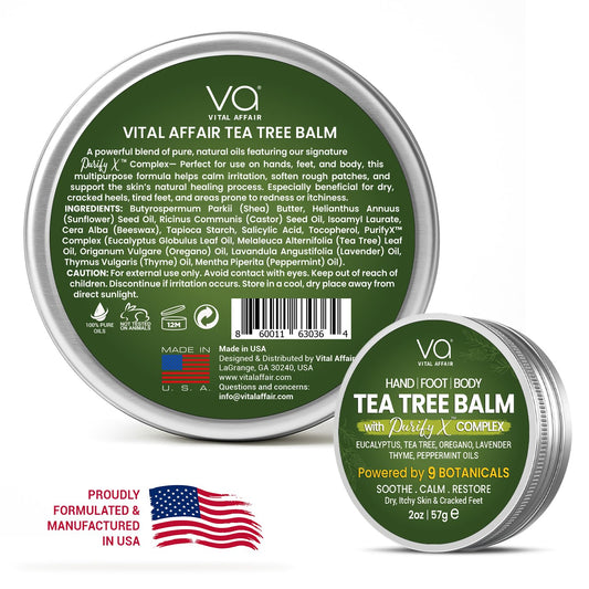 Vital Affair Tea Tree Balm packaging showing ingredients and usage instructions for cracked feet.