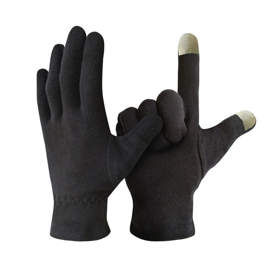 Black cotton spa gloves for eczema showing elastic cuff detail for secure fit.