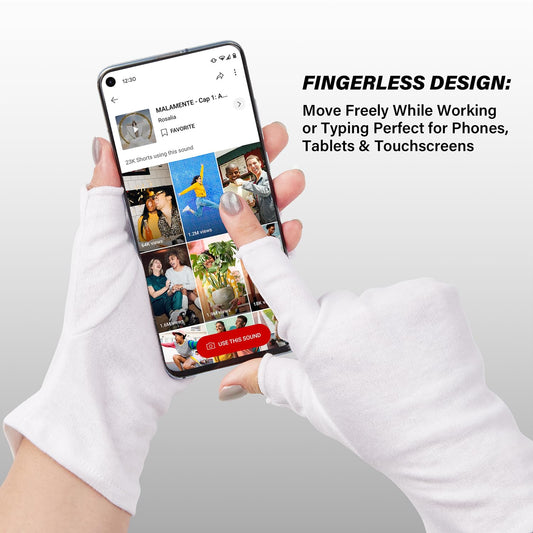 White cotton gloves for dry hands showing fingerless design