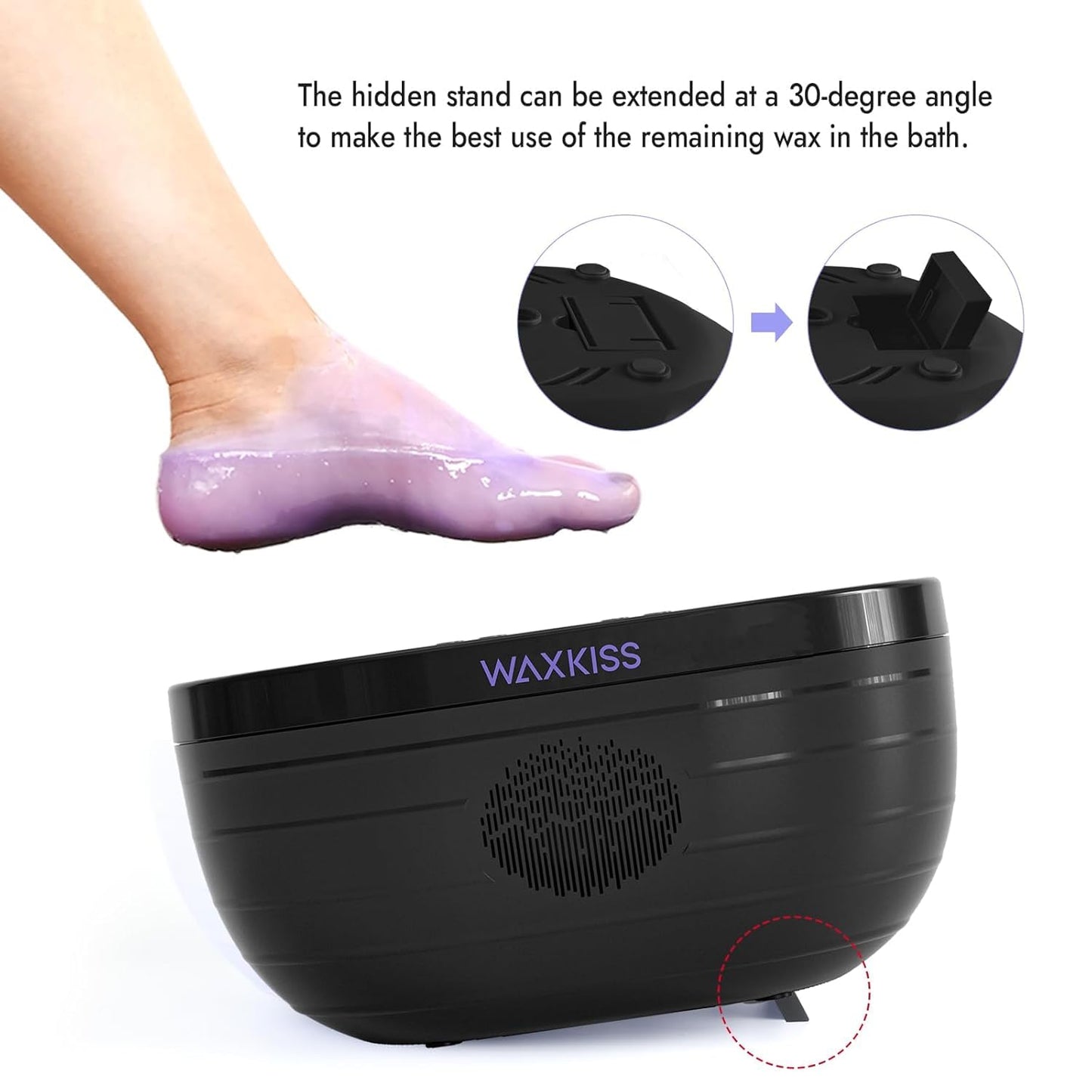 Side view of the compact Waxkiss paraffin wax bath showing stable base placement for secure operations