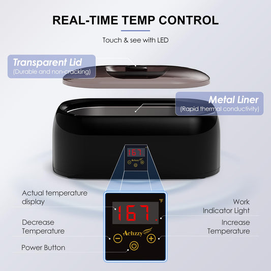 Achzzy professional wax warmer displaying the 200W thermal core rapid melting performance indicator