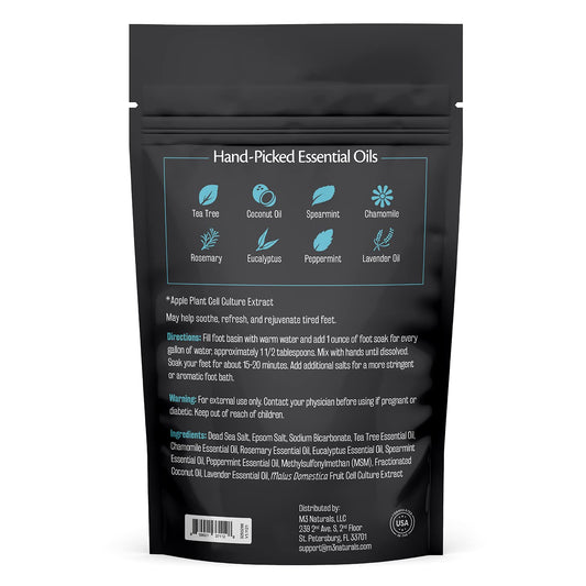 M3 Naturals foot spa salt blend featuring Epsom salt crystals close up view