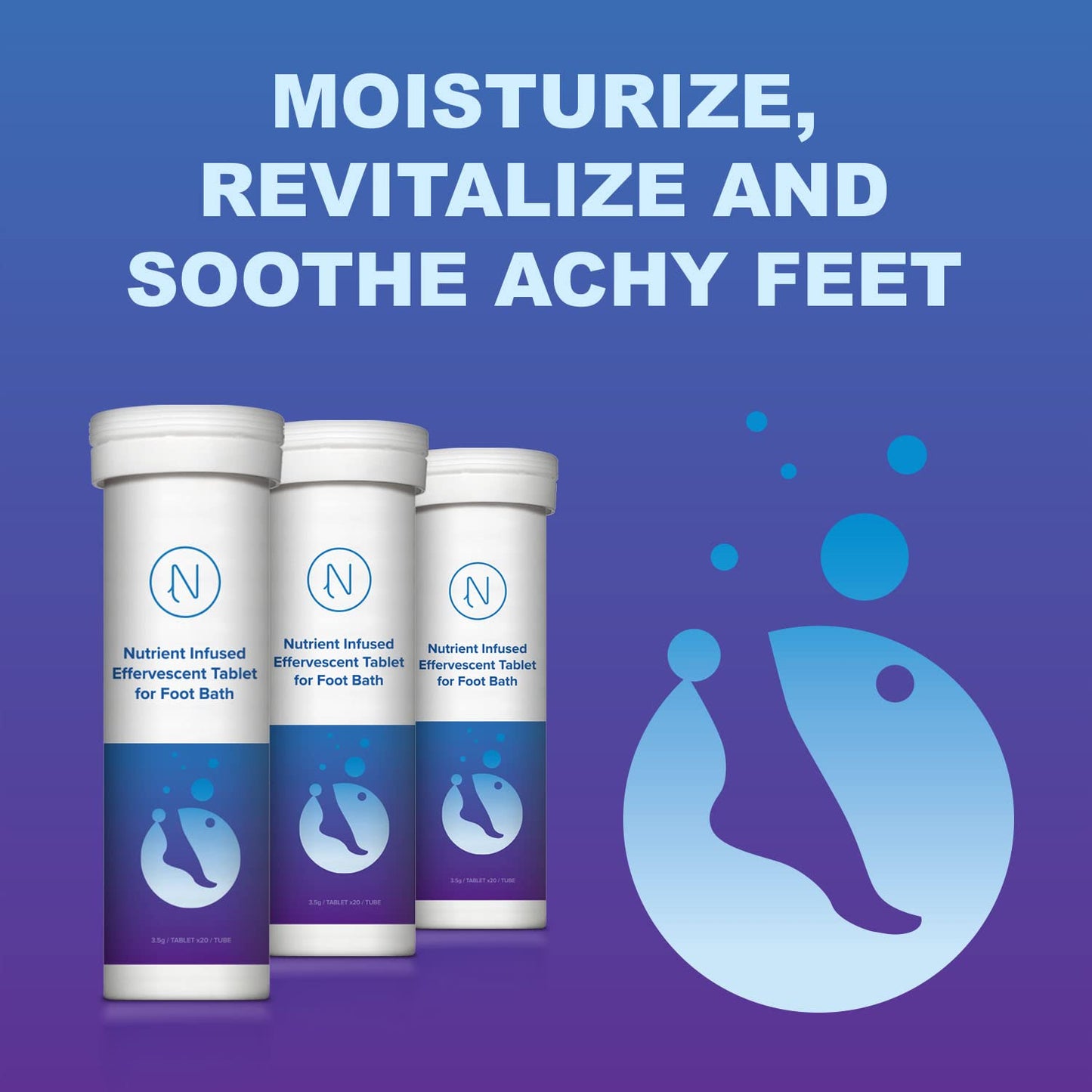 Instructional view demonstrating how to use the fast dissolving effervescent foot bath tablets.