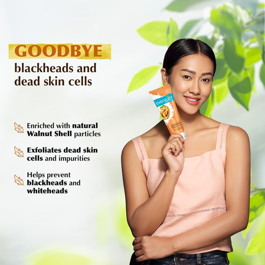 Everyuth walnut shell particles face exfoliator tube displaying product details and multi-vita benefits.