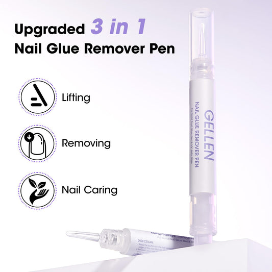 Close up of the precision tip of the non acetone nail glue remover pen breaking down solid gel
