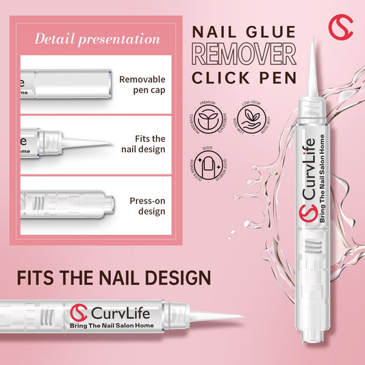 Acetone free fake nail adhesive debonder pen package containing two pieces of five milliliters fluid.