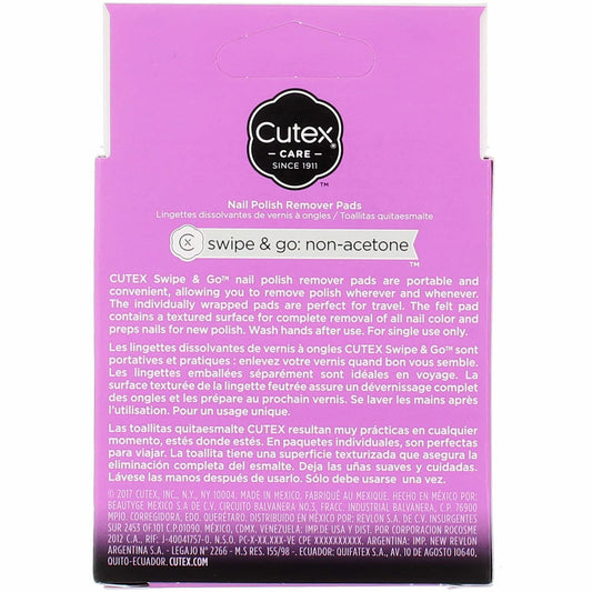 Cutex travel friendly nail polish remover wipes box packaging showing coconut oil infusion details