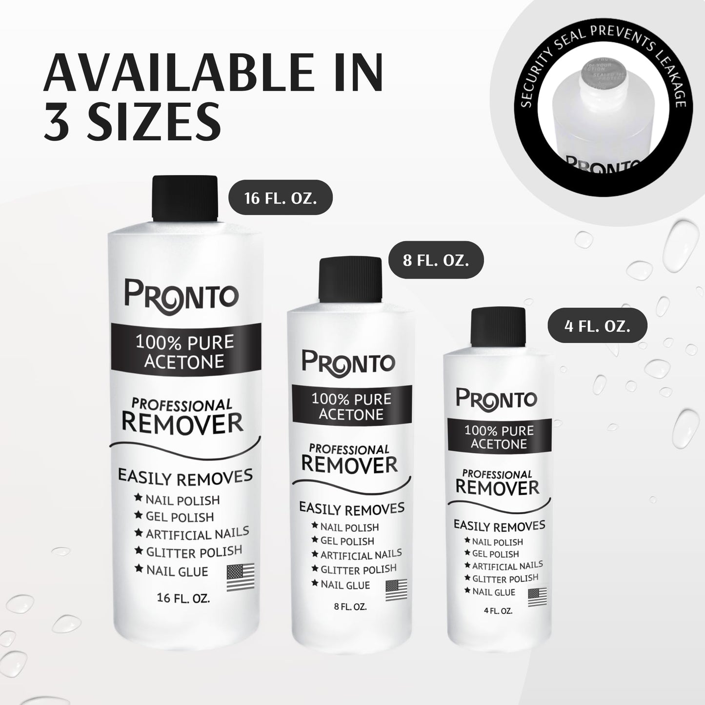 Pronto 100 percent pure acetone formula bottle close up emphasizing its premium ingredients