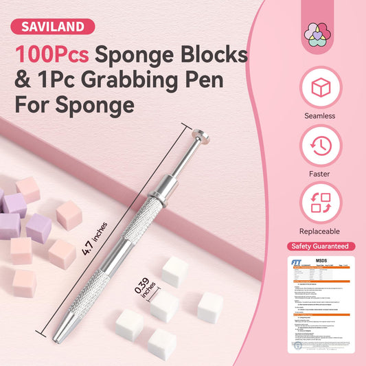 Close up view of metal grabbing pen holding an ombre sponge