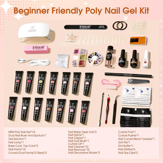 Close up of 14 colored poly nail gel tubes in Rosalind kit