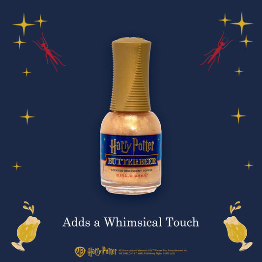 Scented iridescent nail polish topper bottle angled view demonstrating the magical pink-gold light shifting glow.