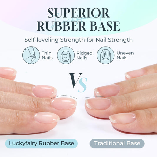 Luckyfairy rubber base coat gel being applied with the salon wide brush onto a natural fingernail.