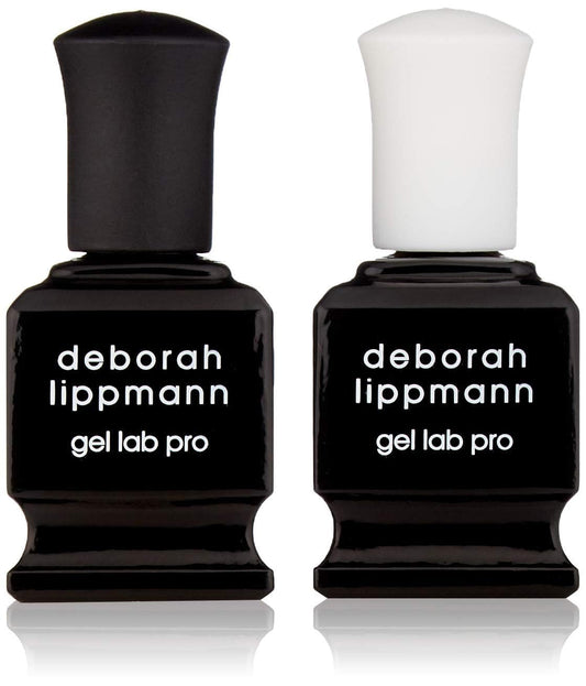 Close up of Deborah Lippmann Gel Lab Pro base and top coat bottles