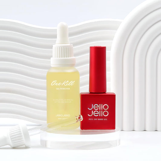 Jello Jello Peel Off Base Gel ten milliliter bottle showing nail applicator brush