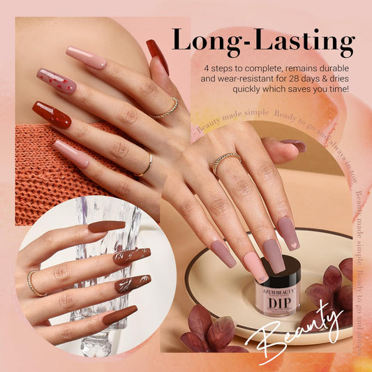 Four jars of AZUREBEAUTY dipping powder in nude, brown, and grey shades arranged with real dried flower details.