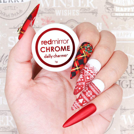 Close up of lipstick red chrome nail art powder