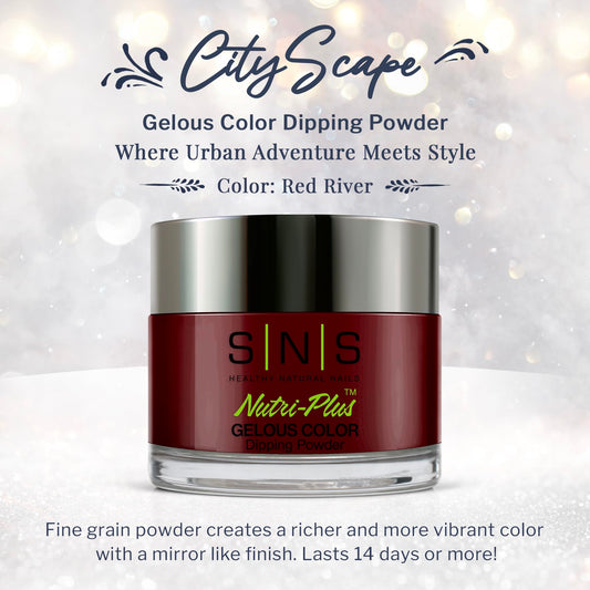 Close up of SNS Red River burgundy dipping powder texture
