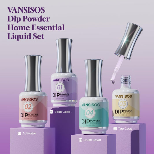 Vansisos 4-piece dip nail system showcasing base coat and activator steps.