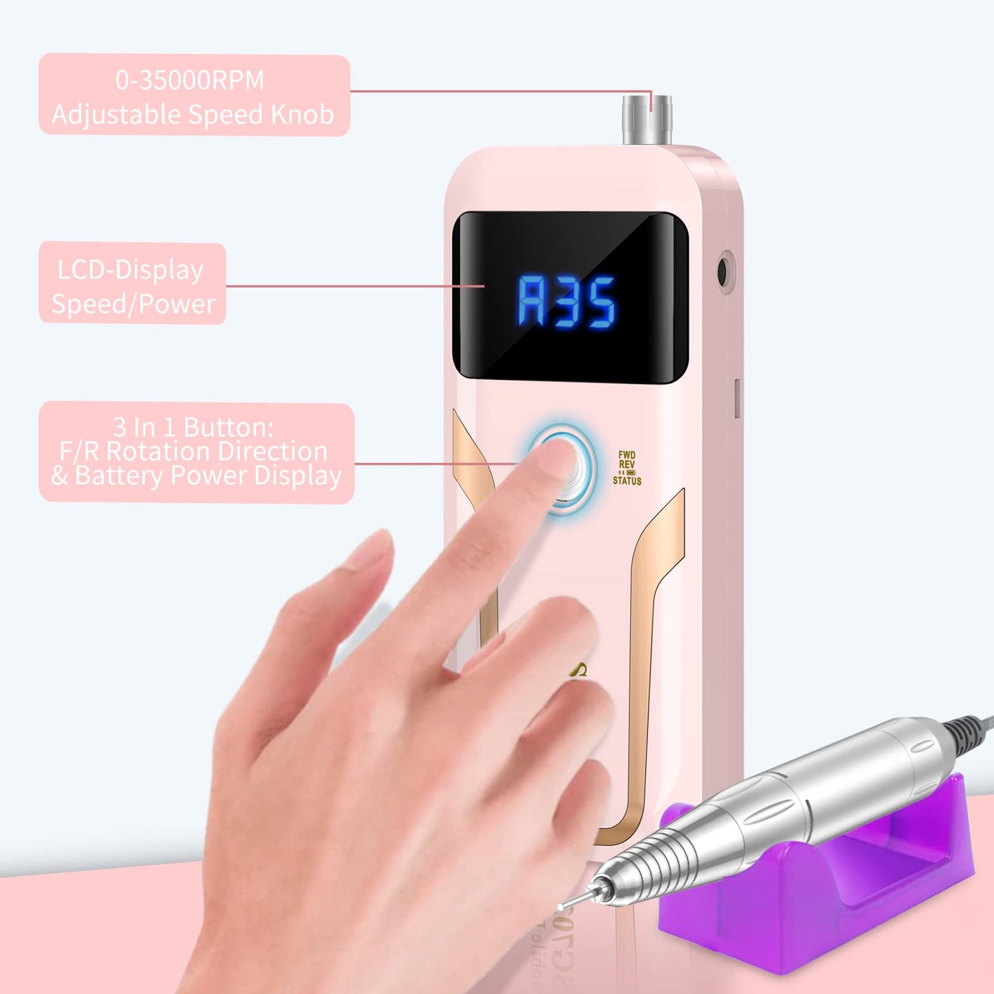 Professional nail drill machine showing forward and reverse rotation buttons